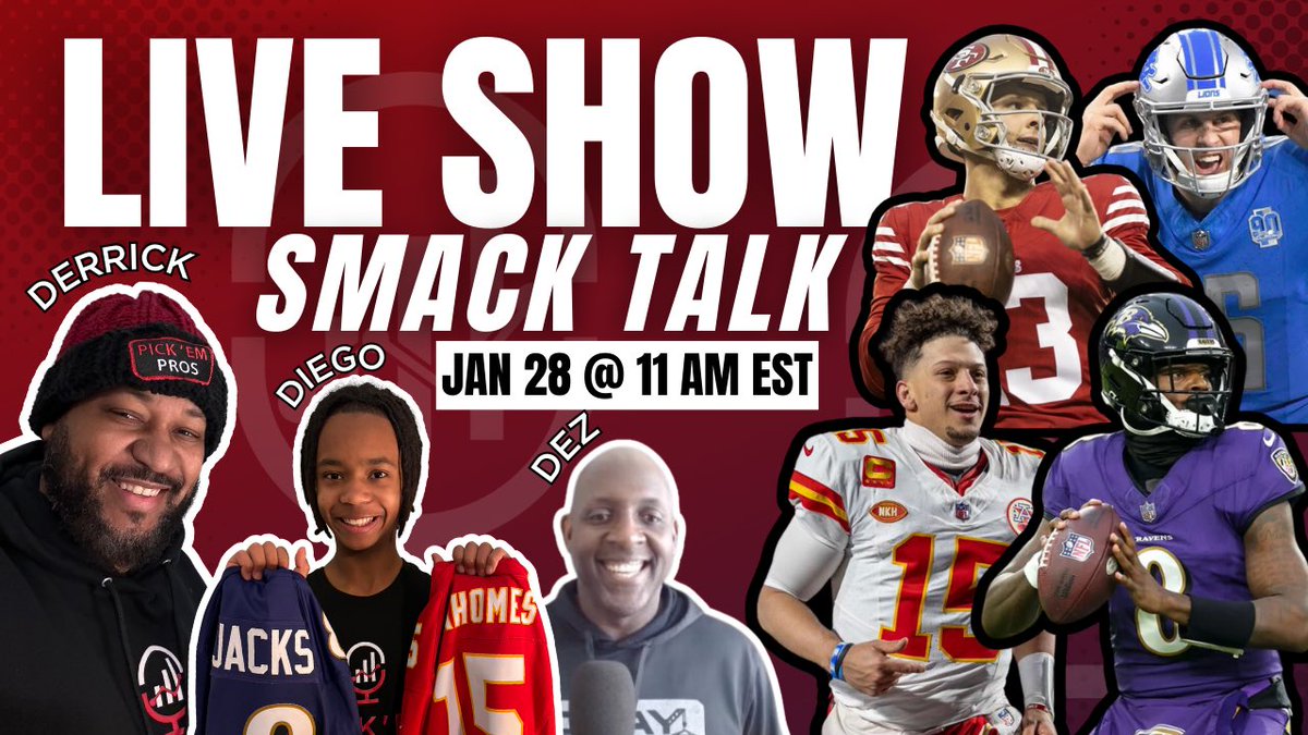 We’re going LIVE on YouTube tomorrow (1/28) at 11am 🕚 Desmond Clark @dezclark88 Former Tight End of the @ChicagoBears will join us to review the NFC & AFC Championship games 💥 youtube.com/live/pOi4-4bhX… 📲 

#NFL #PickemPros #chiefskingdom #RavensFlock #LionsPride #49ers