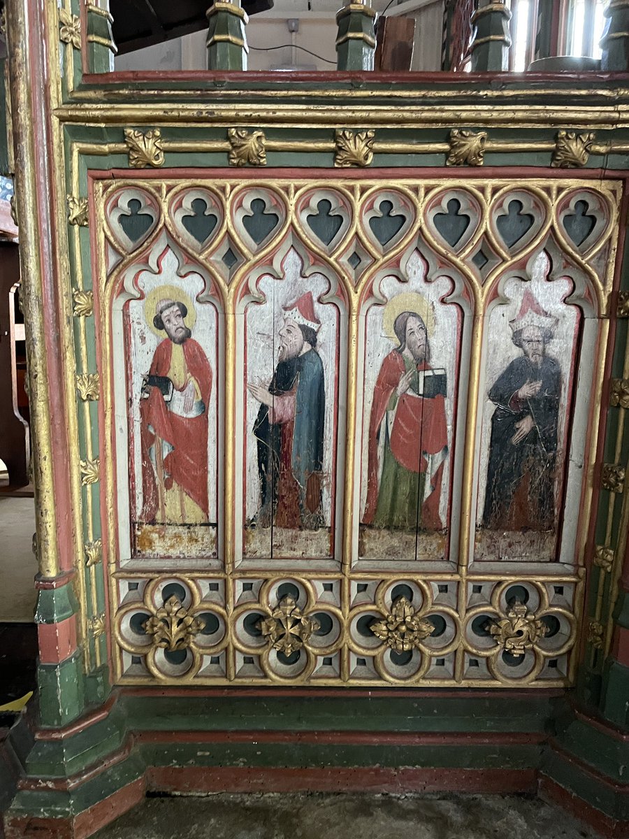 15th century rood screen (restored in 1887) in Church of St Peter,St Paul and St Thomas of Canterbury, BoveyTracey, Devon. Painted figures on wainscoting 

#screensaturday #medieval