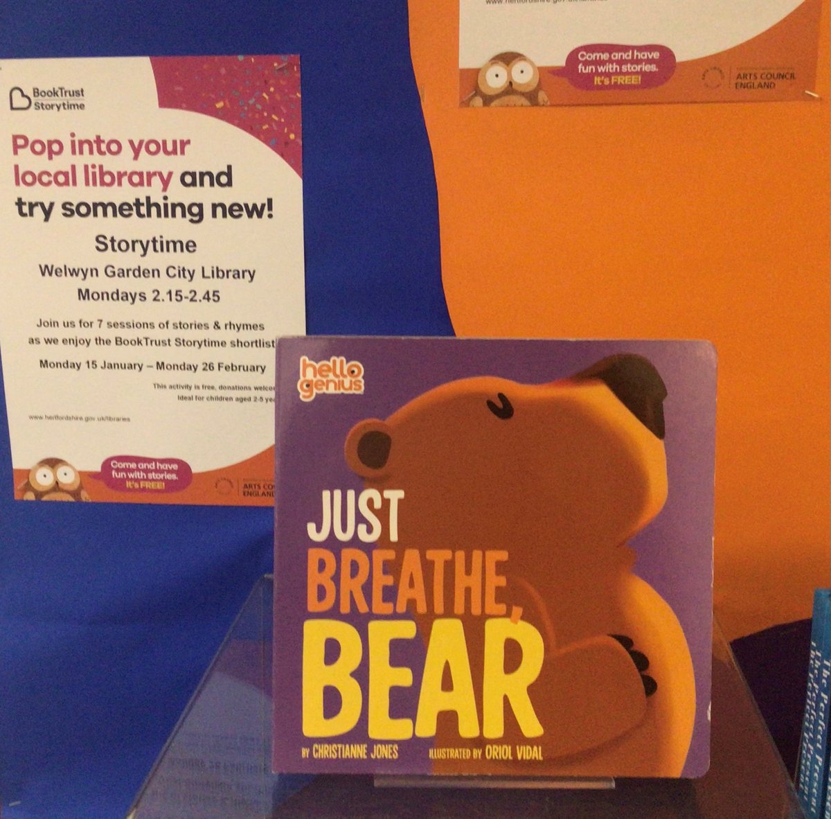 Join us tomorrow afternoon for #BookTrustStorytime, 2.15pm.
This week we will be reading Just Breath Bear by Christianne Jones, singing some rhymes and colouring.
perfect for under 5s, free to join, but donations are welcome.
#HertsBookstart #HertsBTST24 #HertfordshireLibraries