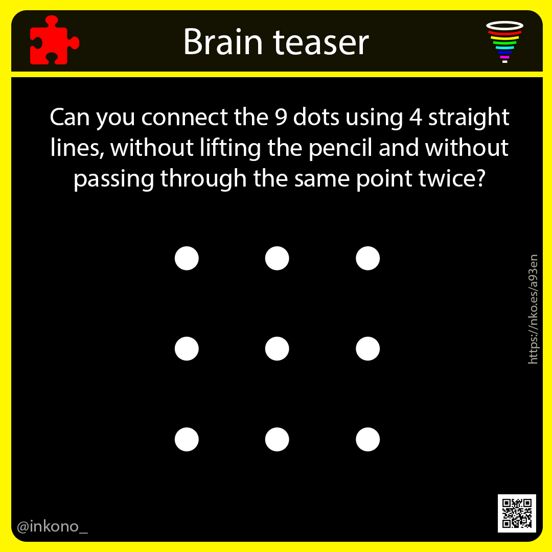 inkono_'s tweet photo. Can you connect the 9 dots using 4 straight lines, without lifting the pencil and without passing through the same point twice.
Solution: https://t.co/vd68r4fWja

#brainteaser #challenge #mindpuzzle https://t.co/BI0Q1nq0T6