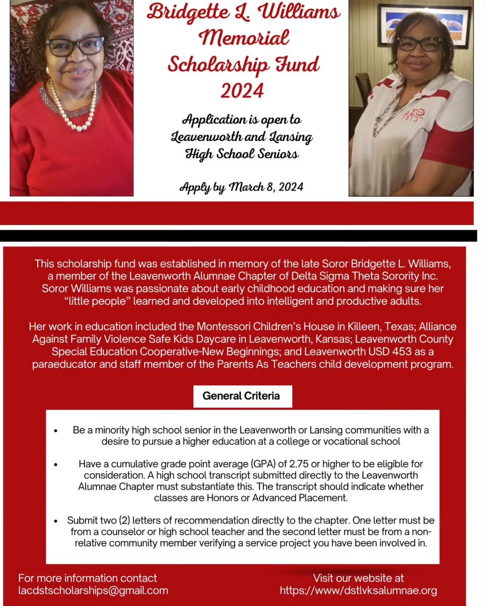 LVAC_DST's tweet photo. Calling all Leavenworth and Lansing HS seniors, the 2024 scholarship application of the Leavenworth Alumnae Chapter is open for your submissions!! We have multiple scholarship opportunities this year! Don’t delay, apply today! Application closes Friday, March 8, 2024. https://t.co/ho79dpTVMQ