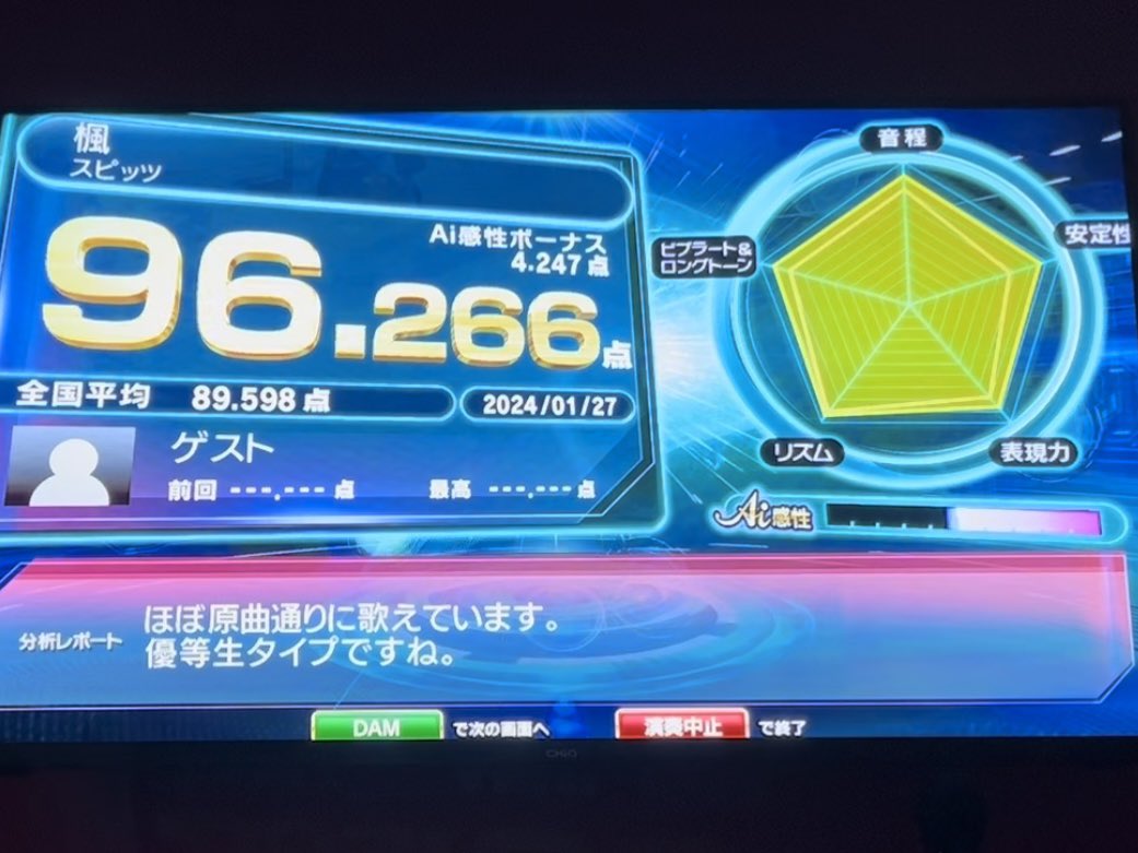 ヒトカラ🎤嬉しい点数だった