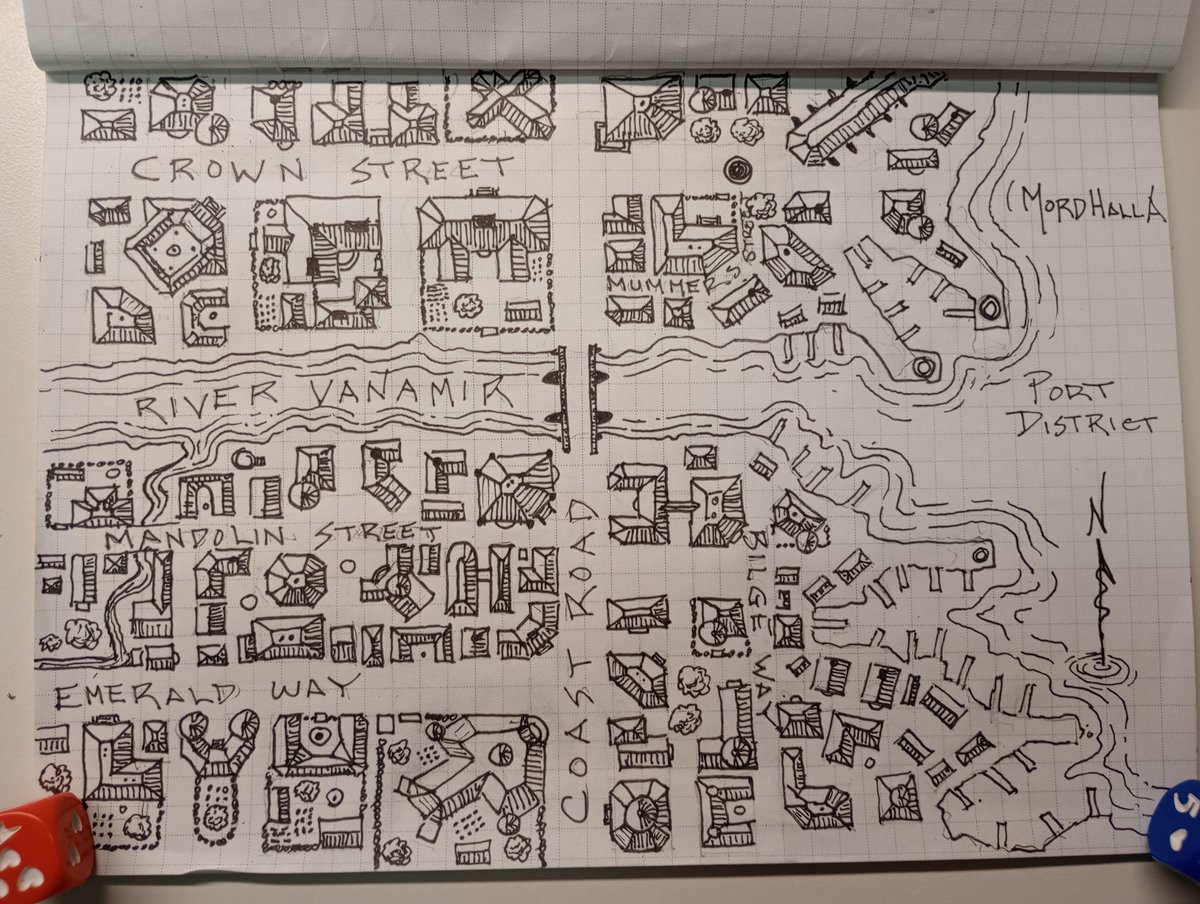 Ahnkruhn's tweet image. More city map practice. Port district of Mordhalla for my Dungeon Crawl Classics homebrew #dungeon24 #citymap #ttrpg #dungeoncrawlclassics