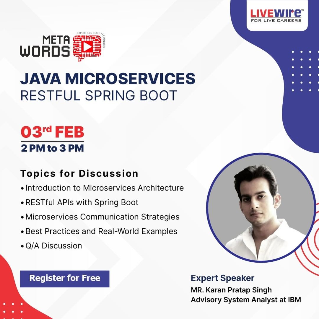 LWRTirunelveli's tweet image. Join us for an insightful session on Java Microservices with RESTful Spring Boot! 💻🌟
Unlock the power of Microservices Architecture on 3rd Feb from 2 PM to 3 PM. #JavaMicroservices #SpringBoot #Webinar
Click the "Link: bit.ly/RestfulSpringB… to register now for FREE! 🔗👨💻
