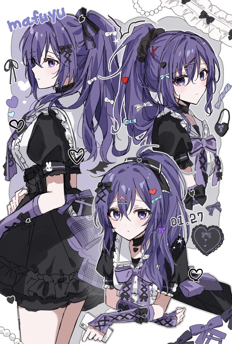 asahina mafuyu 1girl ponytail purple hair bow purple eyes multiple views hair ornament  illustration images