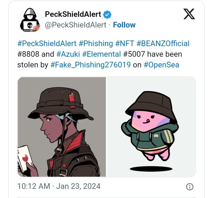 In a January 23 blog post, #Peckshield, a renowned blockchain security firm, confirmed that unknown notorious #scammers had #stolen some #NFTs, including #BeanzOfficial #8008 and #Azuki #5007, on #Opensea #NFTmarketplace in a #phishingattack.
#NFT