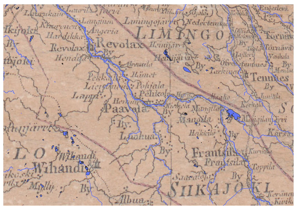 Ei voi kuin ihmetellä, kuinka hyvin on 1700-luvun lopulla osattu jo karttoja tehdä. Vanhan kartan päälle georeferoin nykyset vesialueet. Huomaa kuinka vesistöt ovat olleet valtaväyliä.  #vanhakartta astia.narc.fi/uusiastia/kort…