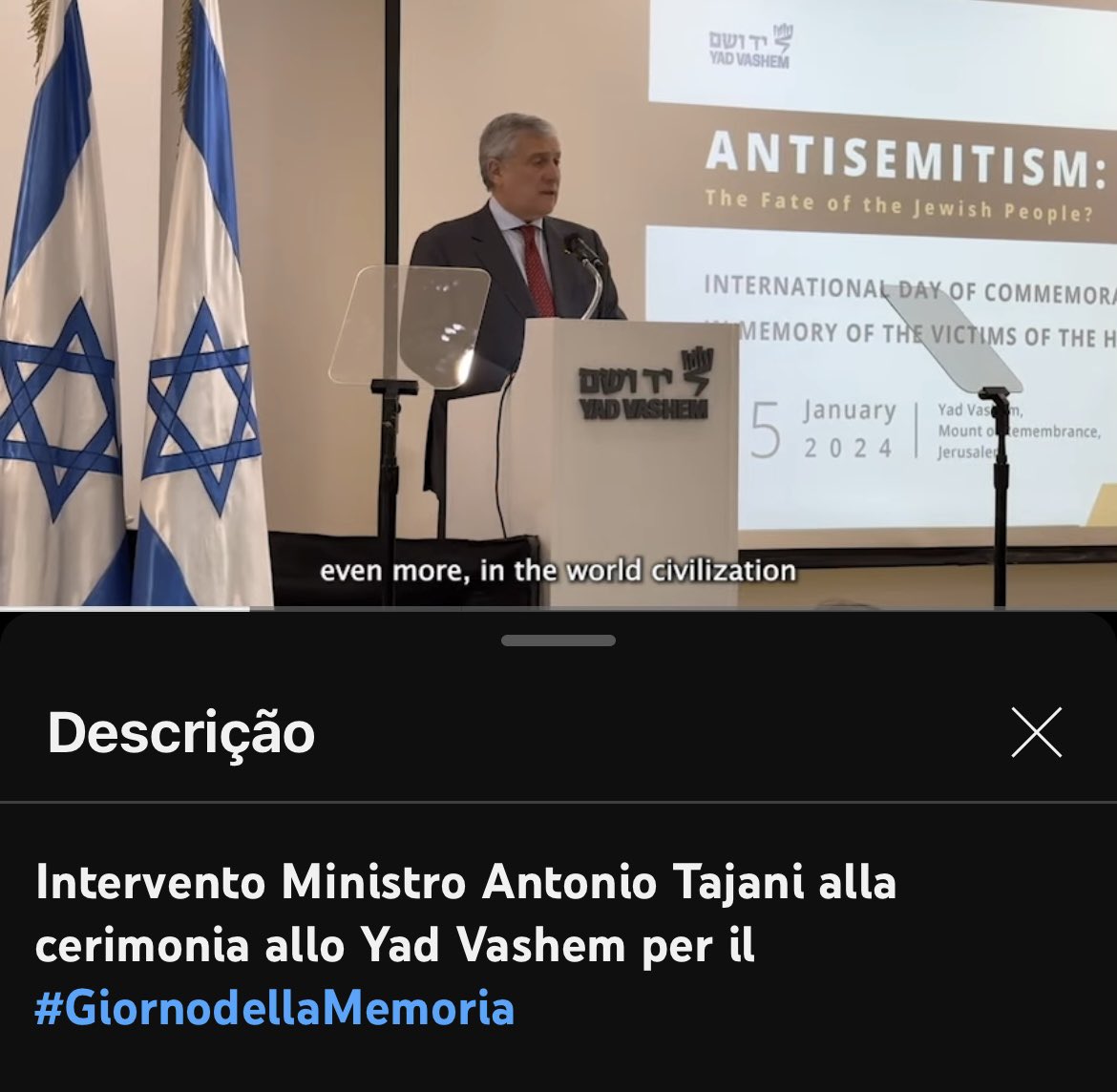 Intervento del Ministro Antonio Tajani per la Giornata della Memoria

youtu.be/wBFGzldjtds?si…