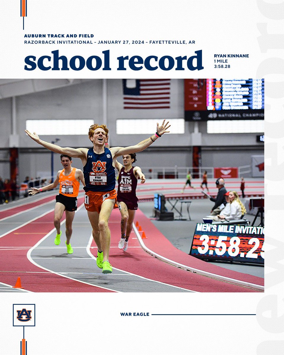 AuburnTFXC's tweet photo. You know what they say, records are made to be broken 🏆

Ryan Kinnane broke a 42-year old school record in the mile (3:58.28) 

#WarEagle https://t.co/HNpRj2kku5