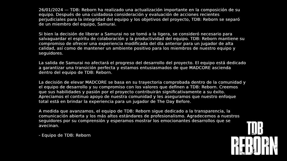 ProjectoRandom's tweet image. Comunicado oficial del equipo de TDB: Reborn en Español.