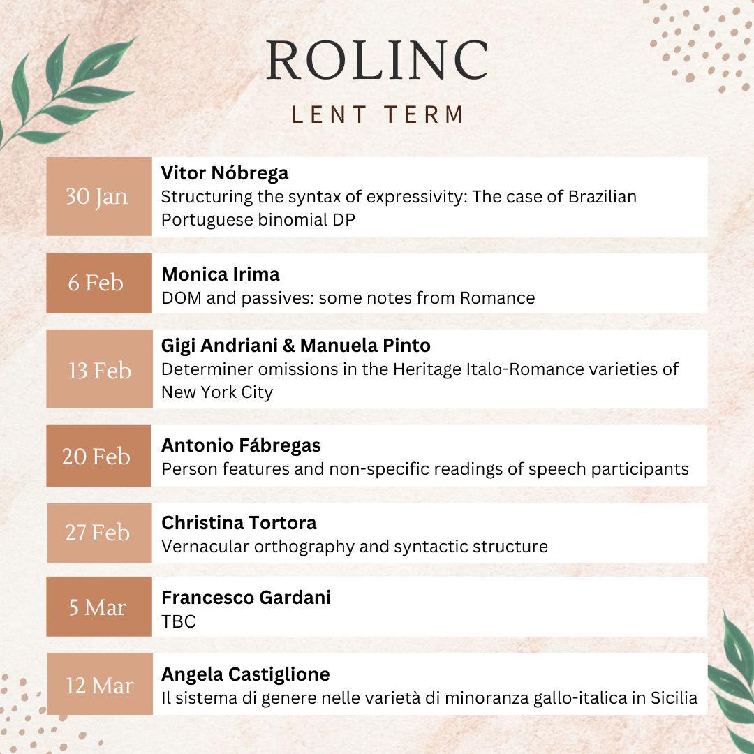 Hi all!

We are pleased to announce the resumption of RoLinC's activities!

The talks taking place this term will run on a weekly basis from 30th January until 12th March. These will take place online (via Zoom) on Tuesdays at 12-1pm (UK time).

We look forward to seeing you all!