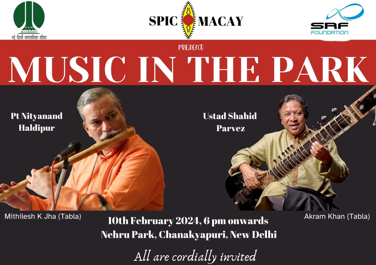 15 days to go.. Our popular public outreach program MUSIC IN THE PARK is back, will be held on Saturday, February 10, 2024 at Nehru Park, New Delhi. Pt. Nityanand Haldipur (flute) & Ustad Shahid Parvez Khan will perform.
Supported by @tweetndmc and @SRFFoundation

#musicinthepark