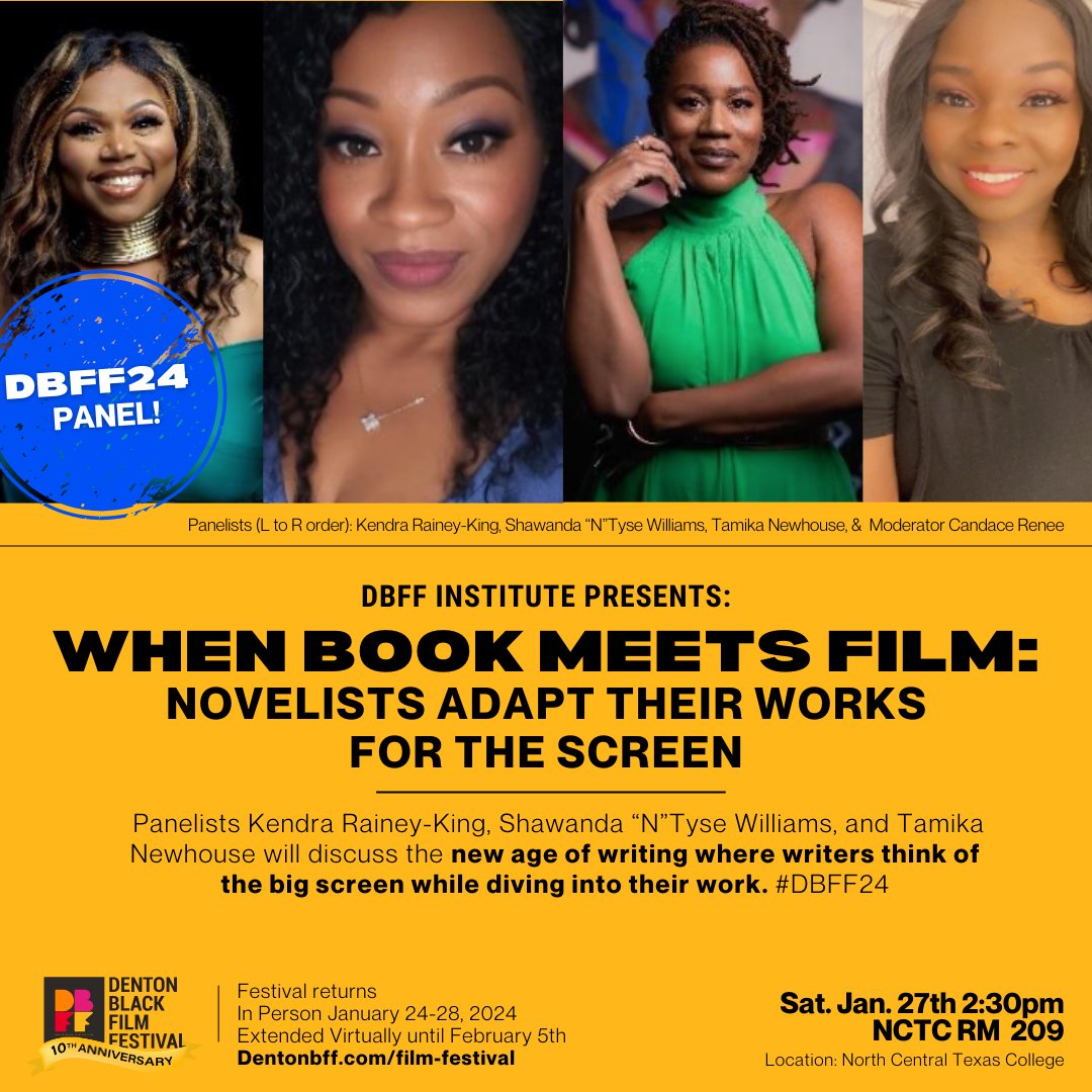When Book Meets Film! 📚 Don't miss out on this panel discussing the new age of writing where writers think of the big screen while diving into their work. #DBFF24 📍North Central Texas College | 2:30pm | Room 209