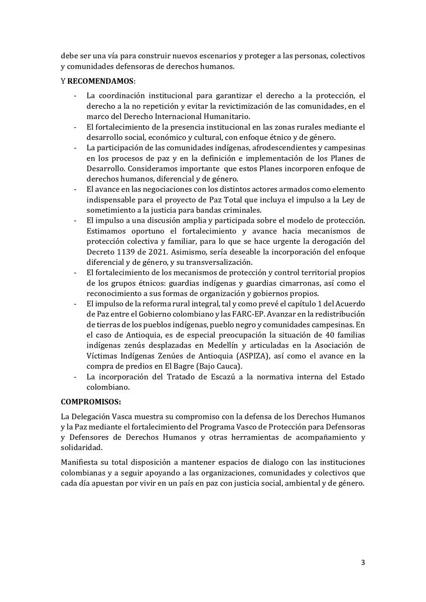 Comunicado de la #DelegacionVascaColombia tras el seguimiento de la situación de las personas y colectivos que han participado en el Programa Vasco de Protección para Defensoras y Defensores de #DDHH. #NosotrasProtegemos 👐🏾