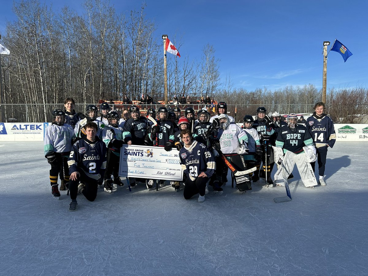 sgsaints's tweet photo. It was a beautiful morning to head out to Saiker’s Acres and support the Kids’ World’s Longest Hockey Game!

Captain Ryder Matter was joined by teammates Tanner Dawkins, Nathan Hawkins and Ethan Kronewitt, who were on hand to support the kids and make a donation to help the fight against cancer!

#SaintsNation