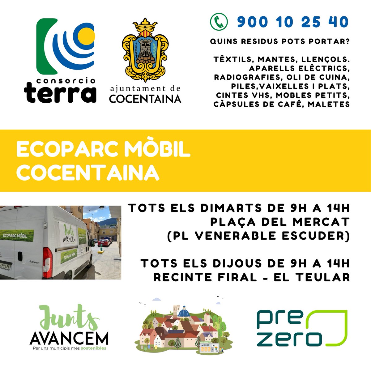 RSU7A2's tweet image. Nuestra ruta amarilla de ecoparques móviles visita #Alcoi #Cocentaina #MurodeAlcoy #Torremanzanas
Todas las semanas, varios días, multitud de ubicaciones. La #economiacircular cerca de ti.
Más información en …n.consorcioresiduosa2.actaiswaste.com/RecyclingCente…
ecoparquesterra@prezero.es