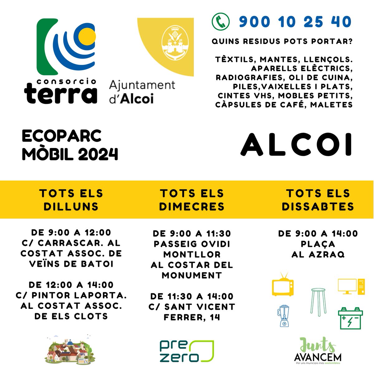 RSU7A2's tweet image. Nuestra ruta amarilla de ecoparques móviles visita #Alcoi #Cocentaina #MurodeAlcoy #Torremanzanas
Todas las semanas, varios días, multitud de ubicaciones. La #economiacircular cerca de ti.
Más información en …n.consorcioresiduosa2.actaiswaste.com/RecyclingCente…
ecoparquesterra@prezero.es