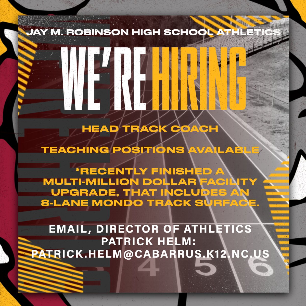 Robinson Athletics is hiring for a head track coach. Teaching positions are available. Interested applicants should email, director of athletics Patrick Helm. patrick.helm@cabarrus.k12.nc.us