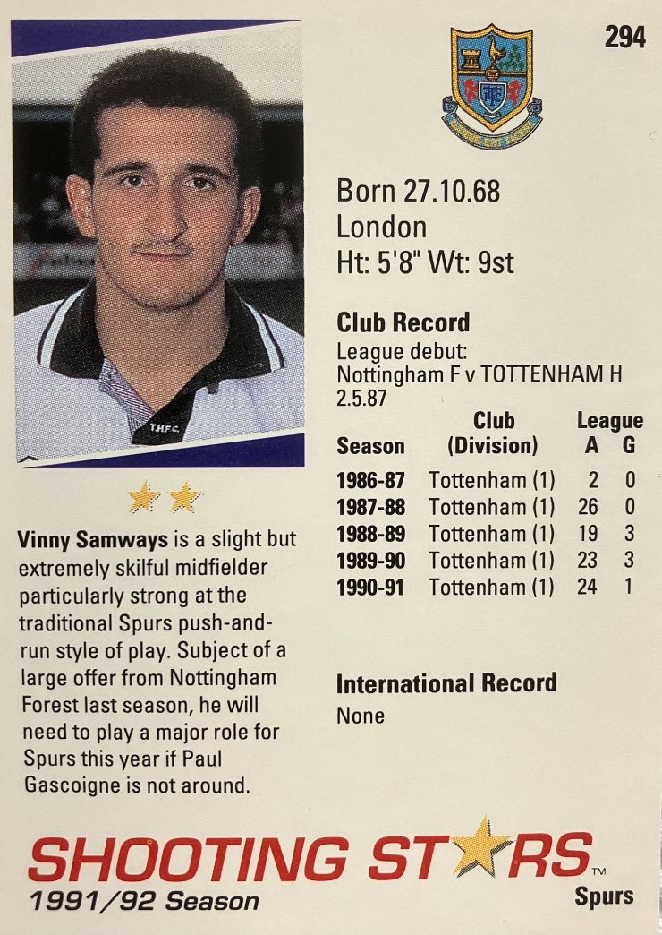 Vinny Samways @SpursOfficial midfielder Played 193 league games winning the FA Cup in 91 Joined @Everton in 94 Scored the winner in the 95 Charity Shield but had been left out of the cup final team Over 150 games for Las Palmas as well as time at Sevilla, Walsall & Algeciras