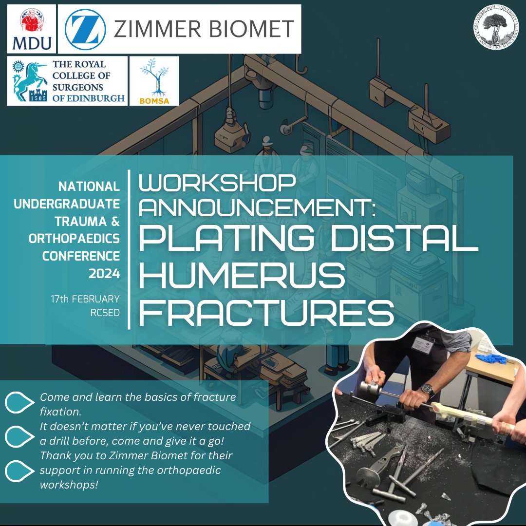 📢EUTOS is excited to announce our humerus fracture plating workshop, run by our sponsors Zimmer Biomet at this year's Conference! 

👀Keep an eye out to learn more about our other workshops and exciting speakers!

Make sure you don't miss out by signing up via MedAll!
