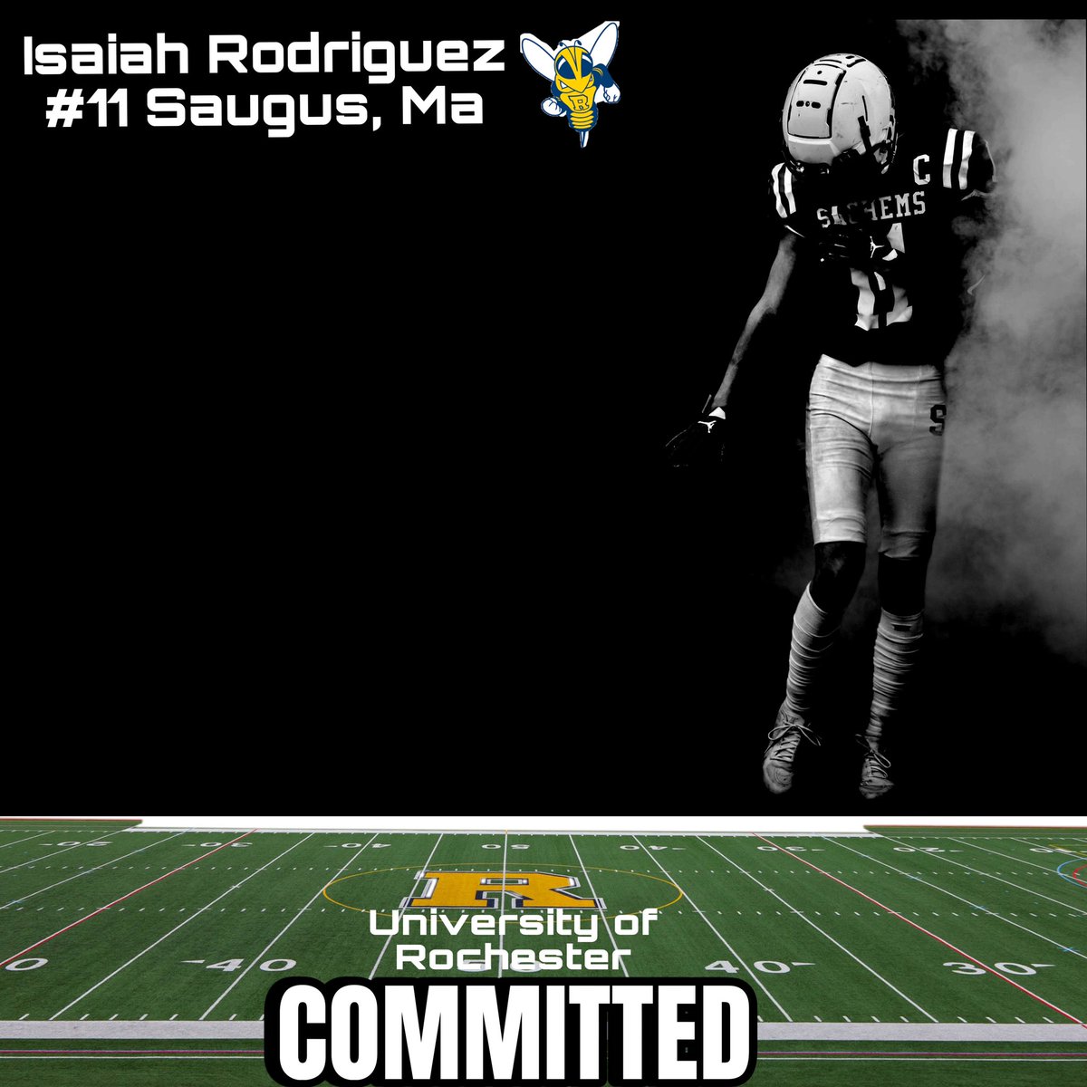 After a great conversation with @TheCoachGriggs I want to announce my commitment to university of Rochester! To further my academic and football career want to thank all my coaches for giving me this opportunity!! @gbluestein @SaugusSachemsAD