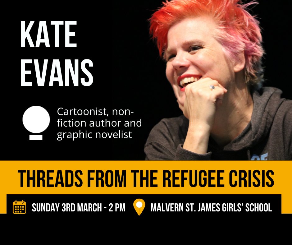 850,000 people fled to Europe last year. Many thousands died in the Mediterranean Sea. A few thousand washed up Calais. Combining the techniques of eyewitness reportage with comic-book storytelling, @cartoonkate tells their story. Book now: malvernfestivalofideas.org.uk