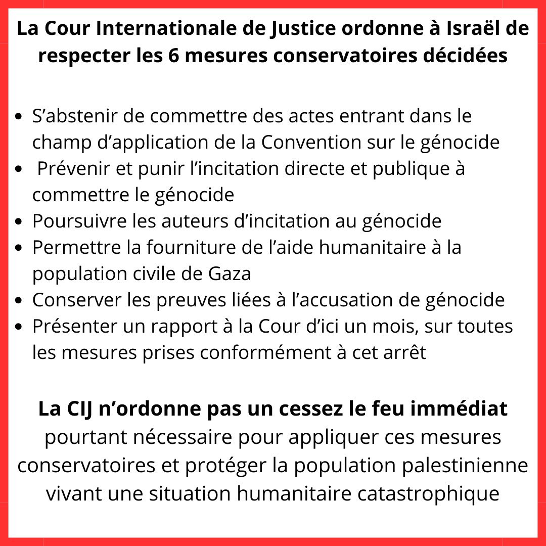 Actuellement à Gaza et témoins de cette catastrophe humanitaire sans précédent, nous regrettons que la Cour Internationale de Justice n’est pas ordonnée un cessez-le-feu immédiat. Seule solution pour faire cesser cette terrible situation humanitaire et protéger la population.