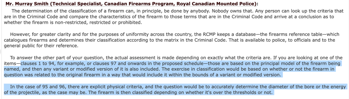 Polysesouvient's tweet photo. It's complicated, but you are starting to get it:
- Yes: the RPA Quadlock was banned in 2020, but ONLY version(s) with muzzle energy >10KJ. Scroll up over section mentioning RPA-Q in 2020-OIC and you'll see it falls under para 96.
- Para 96 ONLY bans models >10KJ (while para 95 bans models with bore dia >2mm). These limits currently apply to models listed in 2020-OIC and those later added under its page 55 criteria.
- These affected models are all listed in Firearms Reference Table, with prohibited versions (like the 50BMG version of the RPA-Q) appearing in short list of prohibited firearms.
- 95 & 96 do not ban variants, as government experts repeatedly testified - unlike other paragraphs that explicitly ban variants of specific models.
- The reason RPA-Q is listed in G46 is because G46 includes all *currently* banned weapons, under the same 95 & 96 rules (these models appear twice).
- In other words, G46 would not have changed the classification of models already listed in or later added under 2020-OIC: versions that do not surpass 95 & 96 thresholds are and would have remained legal & non-restricted.
- CCFR exploited complexity of file by LYING to gun owners, telling them G46 would have banned hunting versions of models covered by 2020-OIC - like RPA-Q, Ruger No 1, Weatherby Mark V, etc.
- Also, nobody ever called for these to be banned.
SOURCES:
RPA-Q listed here in 2020-OIC:
https://t.co/LwkJQRRf2F
RPA-Q listed twice in G46 under same criteria:
https://t.co/q4BkPDfNW3
FRT-prohibited models:
https://t.co/ZG7sOi5W2F
Overview of G46 and CCFR disinformation:
https://t.co/OngCvjP3fA
RCMP agrees with our analysis:
https://t.co/kTFwBfgNNU