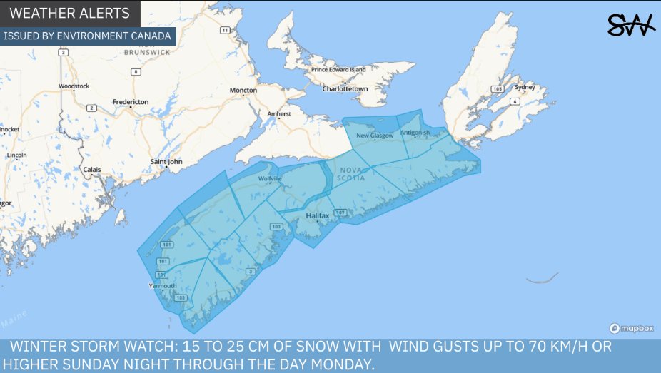 allistercanada's tweet image. Winter storm WATCH now in effect for mainland Nova Scotia, excluding Cumberland Co. and Colchester Co. north of Truro. @ECCCWeatherNS calling for 15 to 25 cm with wind gusts up to 70-plus km/h Sunday night through Monday. @chronicleherald #NSwx #NSStorm