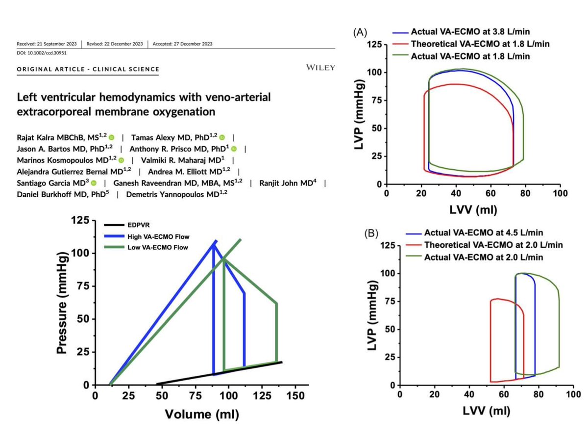 Left ventricular hemodynamics on VA #ECMO?? Physiology insights from catheterization &amp; 3D echo
🫀 high flow VA #ECLS decompresses LV by significantly ⬇️ LV preload with minimal ⬆️ in afterload
🫀 this ⬇️ LVEDP, LVEDV, LV stroke work, LV PVA
#FOAMcc
🔓 bit.ly/47U4Ip5