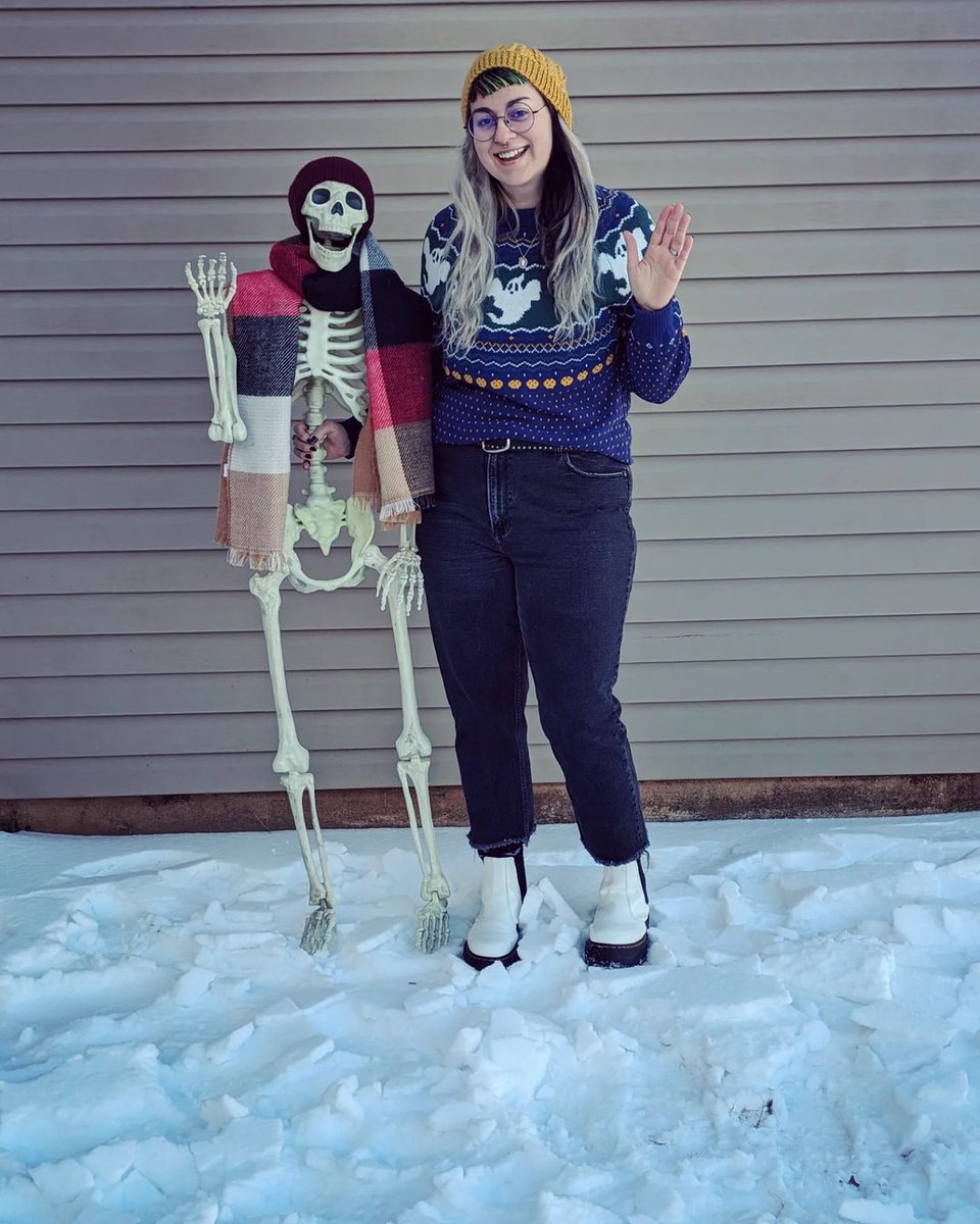 Creeping it cozy on a snow day 👻 @spooky_rainbow_ghoul in the Happy Hauntings Faire Isle Sweater bit.ly/3sZo4La #winterfashion #sweaterweather #coldweatheroutfits #faireislesweaters #modcloth