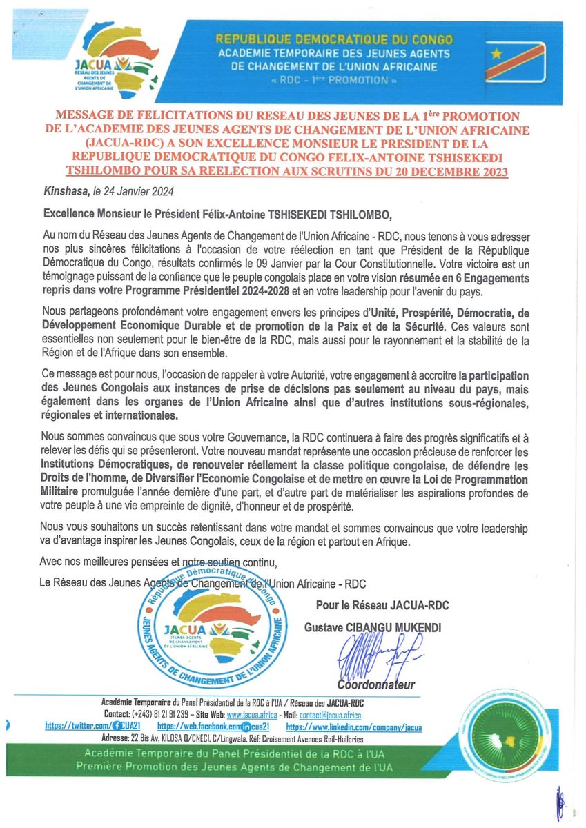 JACUA21's tweet photo. MESSAGE DE FÉLICITATIONS DU RESEAU DES JEUNES DE LA 1ère PROMOTION DE L’ACADEMIE DES JEUNES AGENTS DE CHANGEMENT DE L’UNION AFRICAINE (JACUA-RDC) AU PRÉSIDENT @FATSHI13 POUR SA REELECTION AUX SCRUTINS DU 20 DECEMBRE 2023. @NadegeT2 @Presidence_RDC @GrEtumba @AU_YouthEnvoy https://t.co/aFQ1wfR9vp