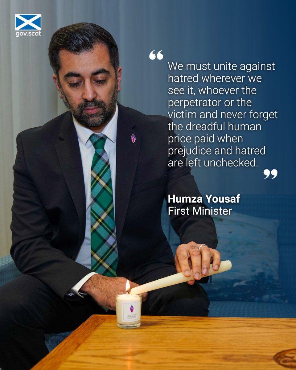 First Minister @HumzaYousaf lit a candle in memory of all those murdered during the Holocaust. On #HolocaustMemorialDay he has issued a reminder that we all must “unite against hatred wherever we see it.” #LightTheDarkness @HMD_UK