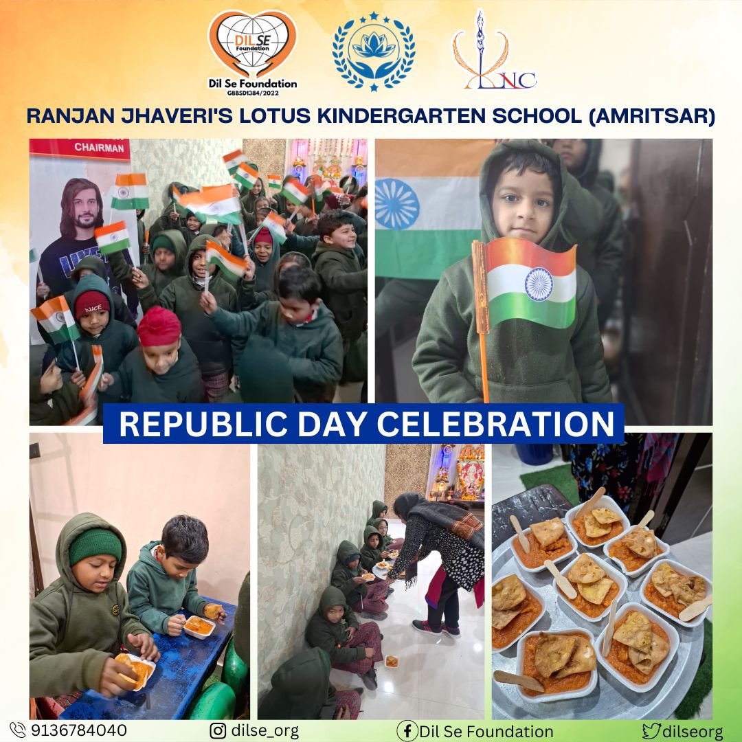 Bringing the spirit of unity and joy to Ranjan Jhaveri’s Lotus Kindergarten School as we celebrate Republic Day with pride and enthusiasm! 🇮🇳🎉 #republicday #indiarepublicday #festivalofindia #freeschool #happiness #happymoments #india #dilsefoundation #servingispraising #punjab