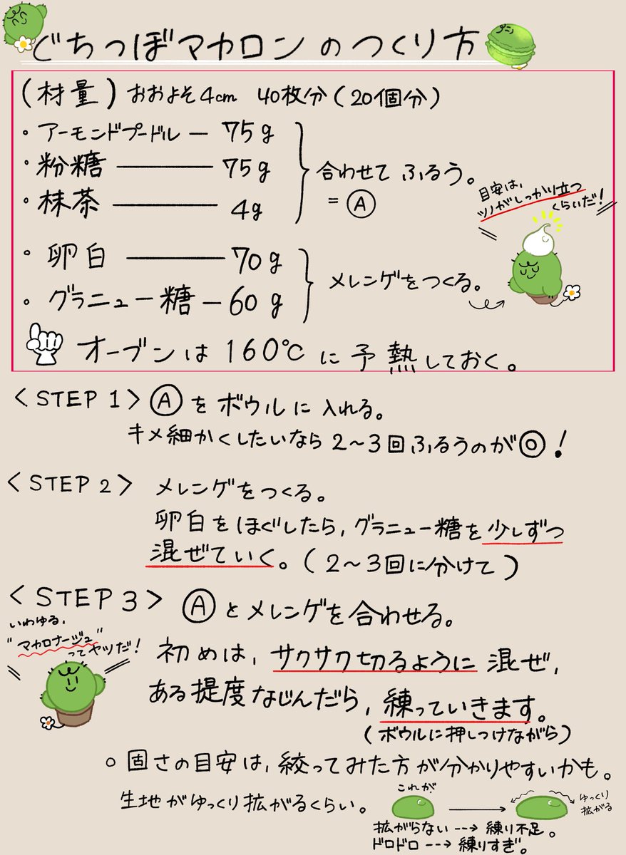 hako_sabakan's tweet photo. #ぐちつぼを許さない
先日載せた「🌵マカロン」のレシピです。
至らぬ点も多いですが、ぜひ挑戦してみてください！ https://t.co/XYcz2SEMpC
