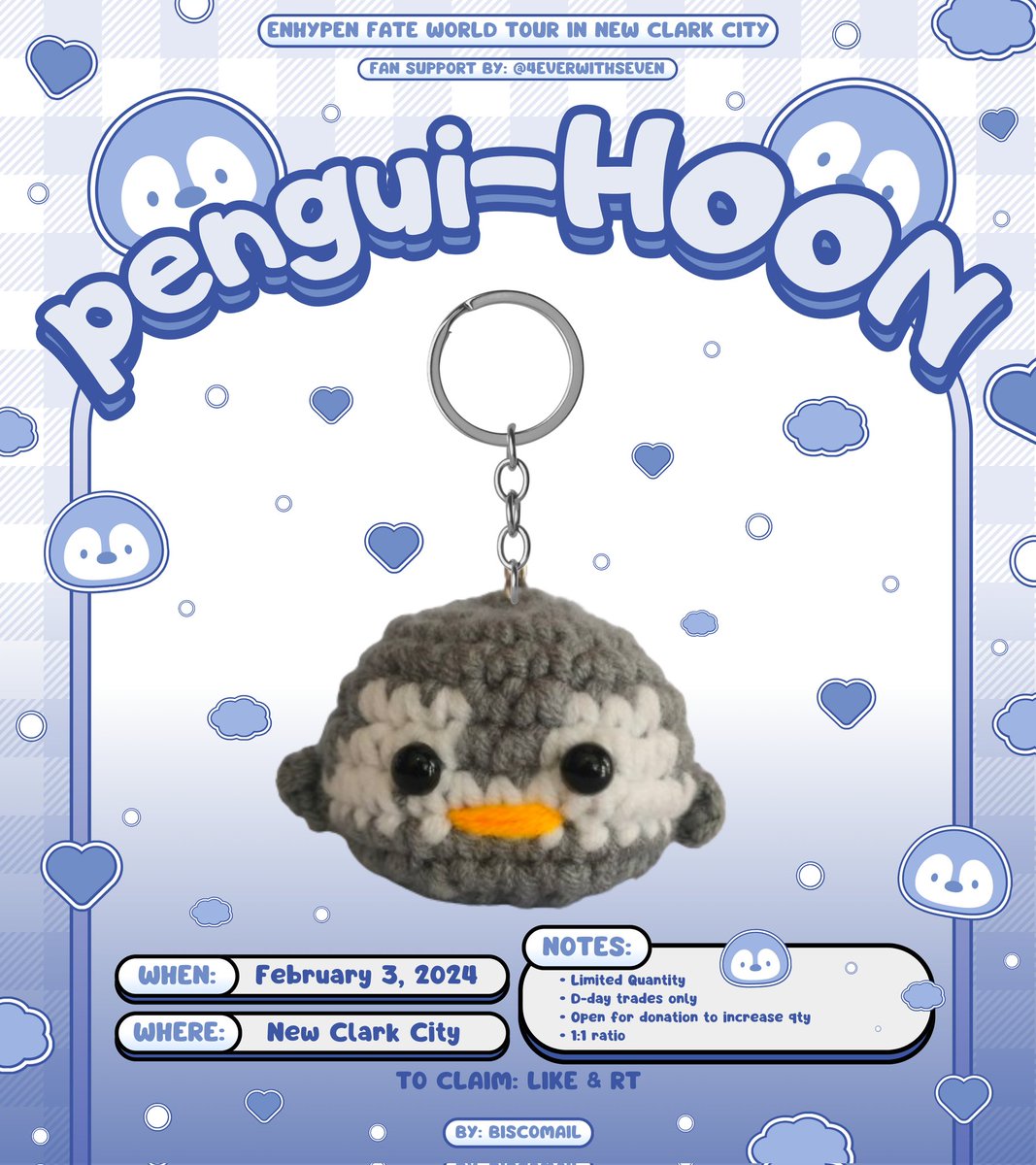 4everwithsevEn's tweet photo. #FATE_IN_NEWCLARKCITY Ni-ducki &amp; Pengui-Hoon Crochet Freebie 🐥🐧 

can't take both except those who donate min. for both keychains 🤍

A thread: https://t.co/Kr5EjCM6xE