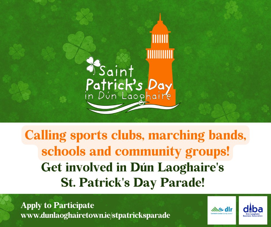 Dún Laoghaire Town will hold a St. Patrick’s Day Parade on Sun, 17th March. Sports clubs, marching bands, community groups & others are invited to get involved. To apply please fill out the short form on this page before Friday 2nd February. bit.ly/3Of6uKs #DLTStPatricks