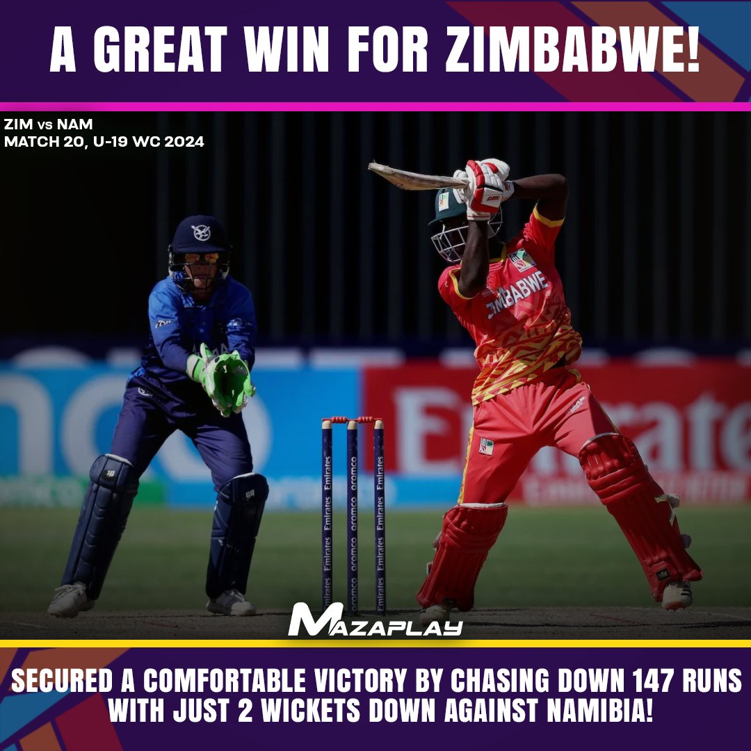 A well deserved win for Zimbabwe!

#ZIMvNAM #NAMvZIM #U19 #WorldCup #Zimbabwe #Namibia #CrcicketZimbabwe #MazaPlay