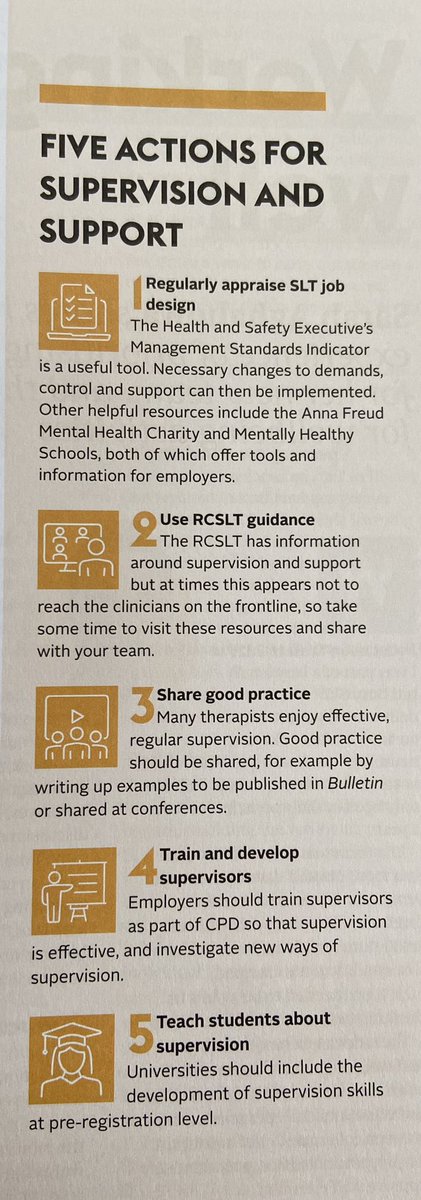 Enjoyed reading @SAClaire’s Bulletin article on #practitionerwellbeing & the centrality of robust #supervision. Great to see the five actions for supervision reference @RCSLT guidance & recommend pre- & post-registration training to develop both supervisee & supervisor practice