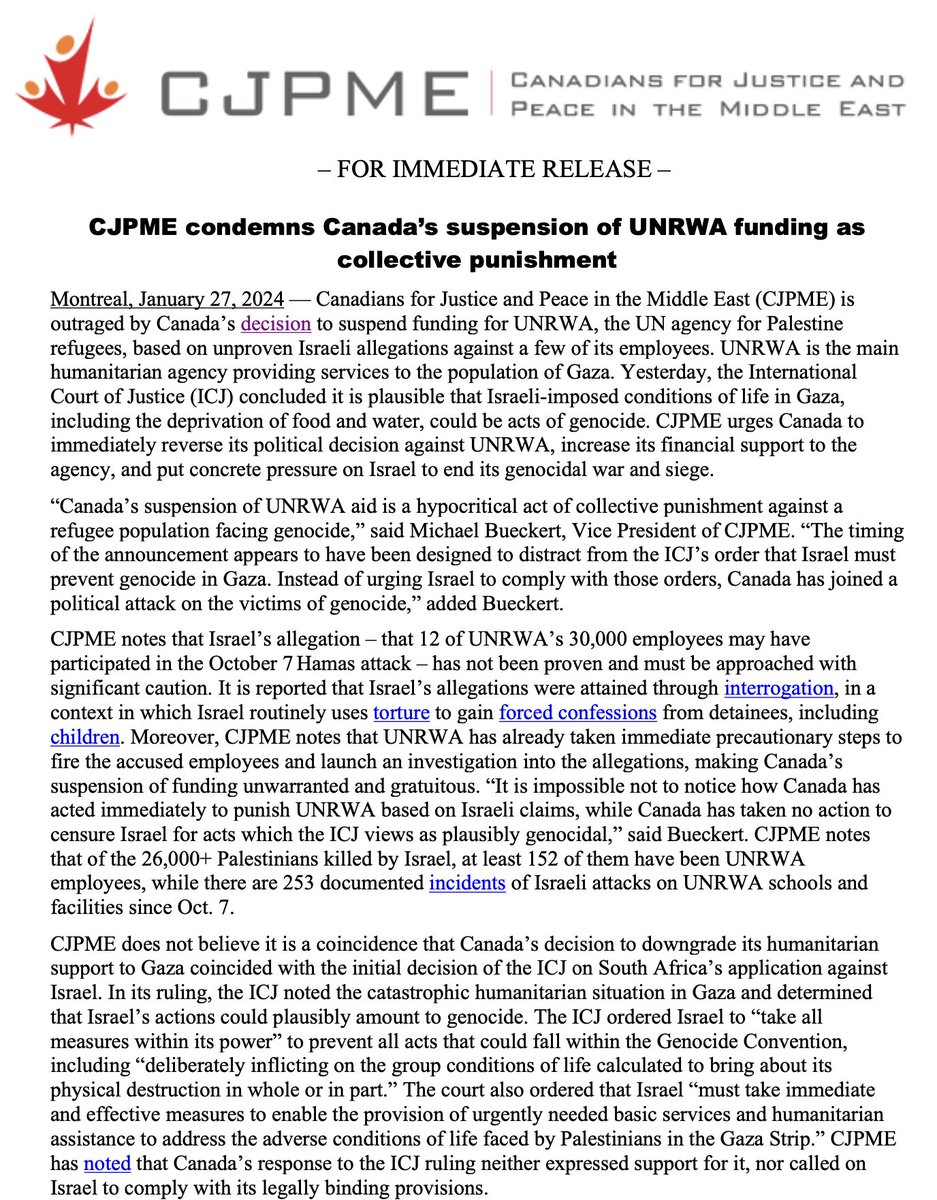 Canada’s suspension of UNRWA aid is a hypocritical act of collective punishment against a refugee population facing genocide. Instead of urging Israel to comply with the ICJ's orders to prevent genocide, Canada has joined a political attack on the victims. <a href="/HonAhmedHussen/">Ahmed Hussen</a>