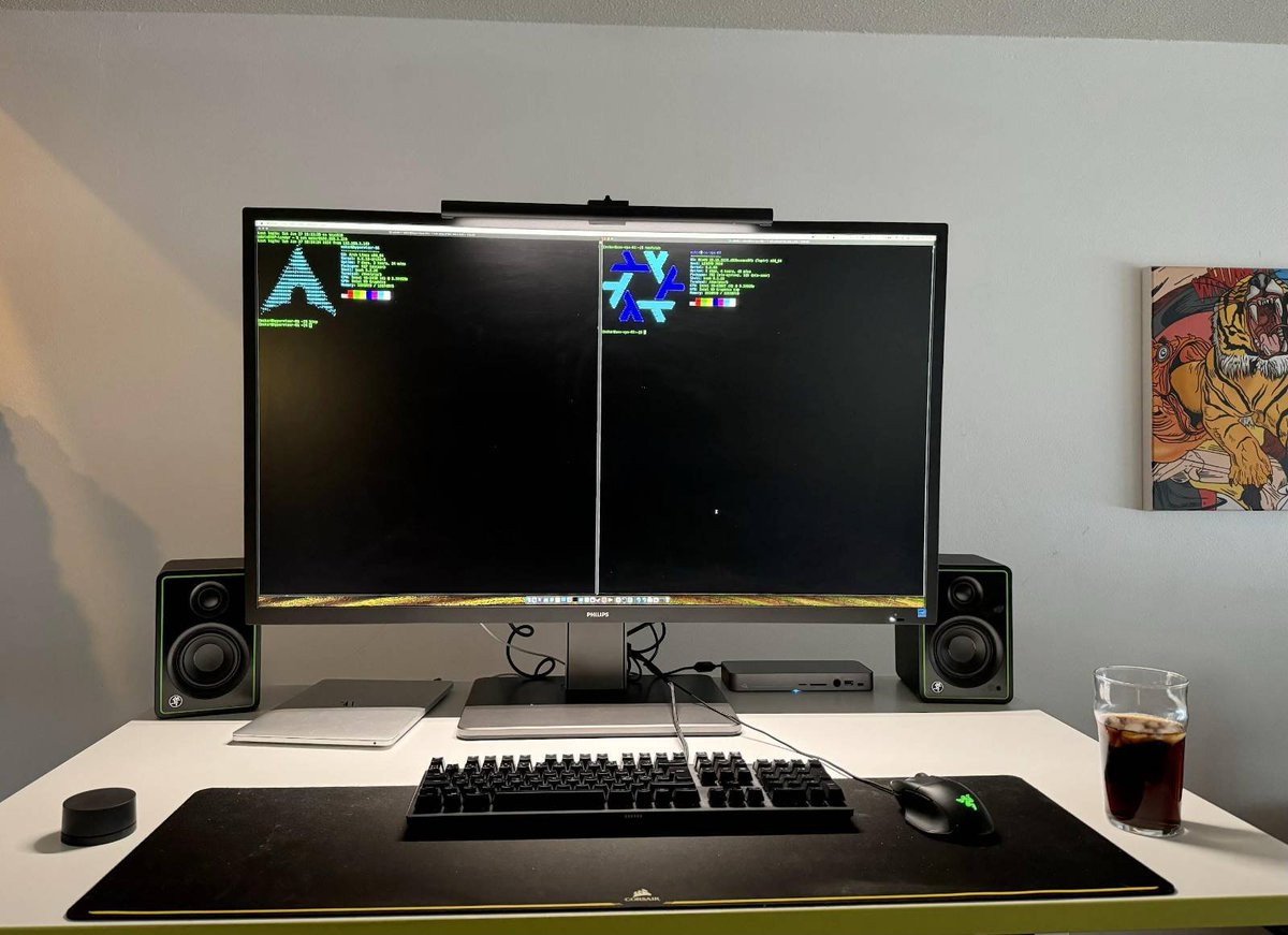 We're getting there. Need to get USB-C sorted properly for the computer and get DAC setup sorted. Studio monitors are clear enough so they can be used.

Need an arm for the display. Display jumps a little bit when typing.

Now let's start testing keyboards for this setup.