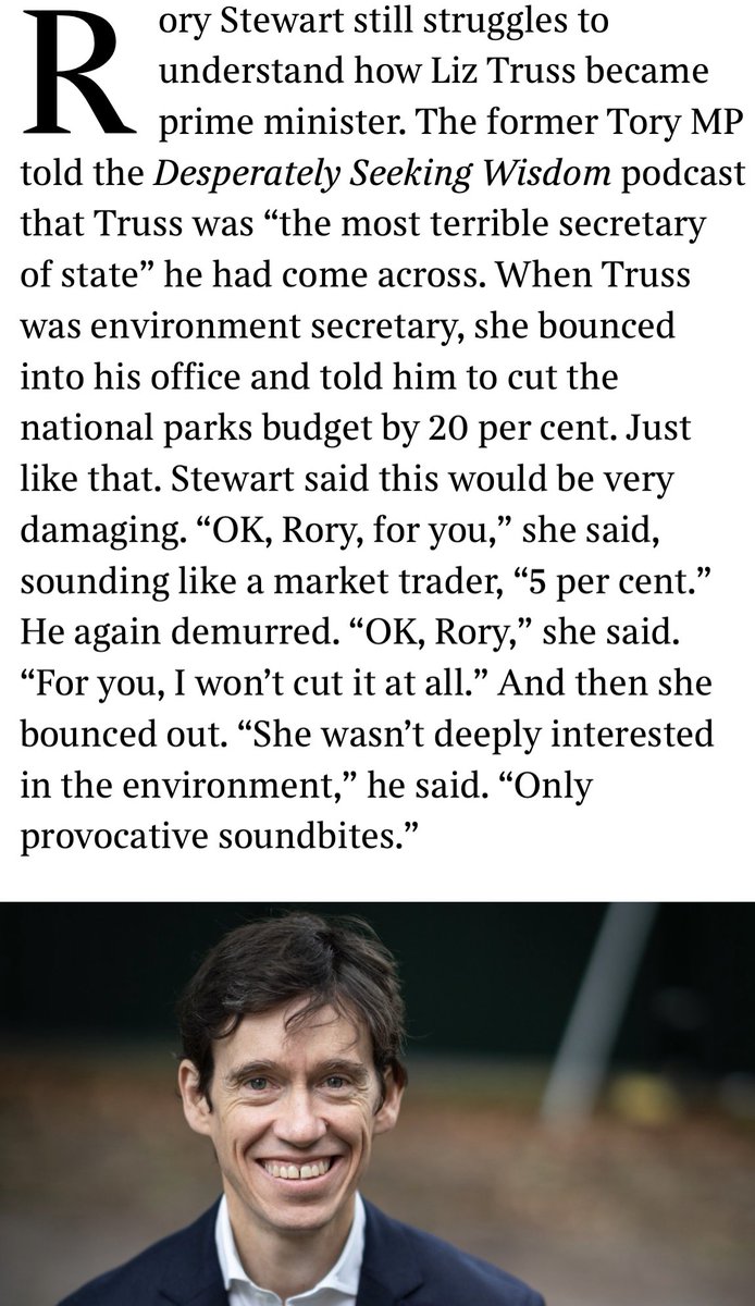 Good to see @thetimes diary picking up a story @RoryStewartUK told me on the Desperately Seeking Wisdom podcast about how @trussliz behaved as his boss. You can hear the whole thing from Monday 29/1 on desperatelyseekingwisdom.com or wherever you get podcasts…