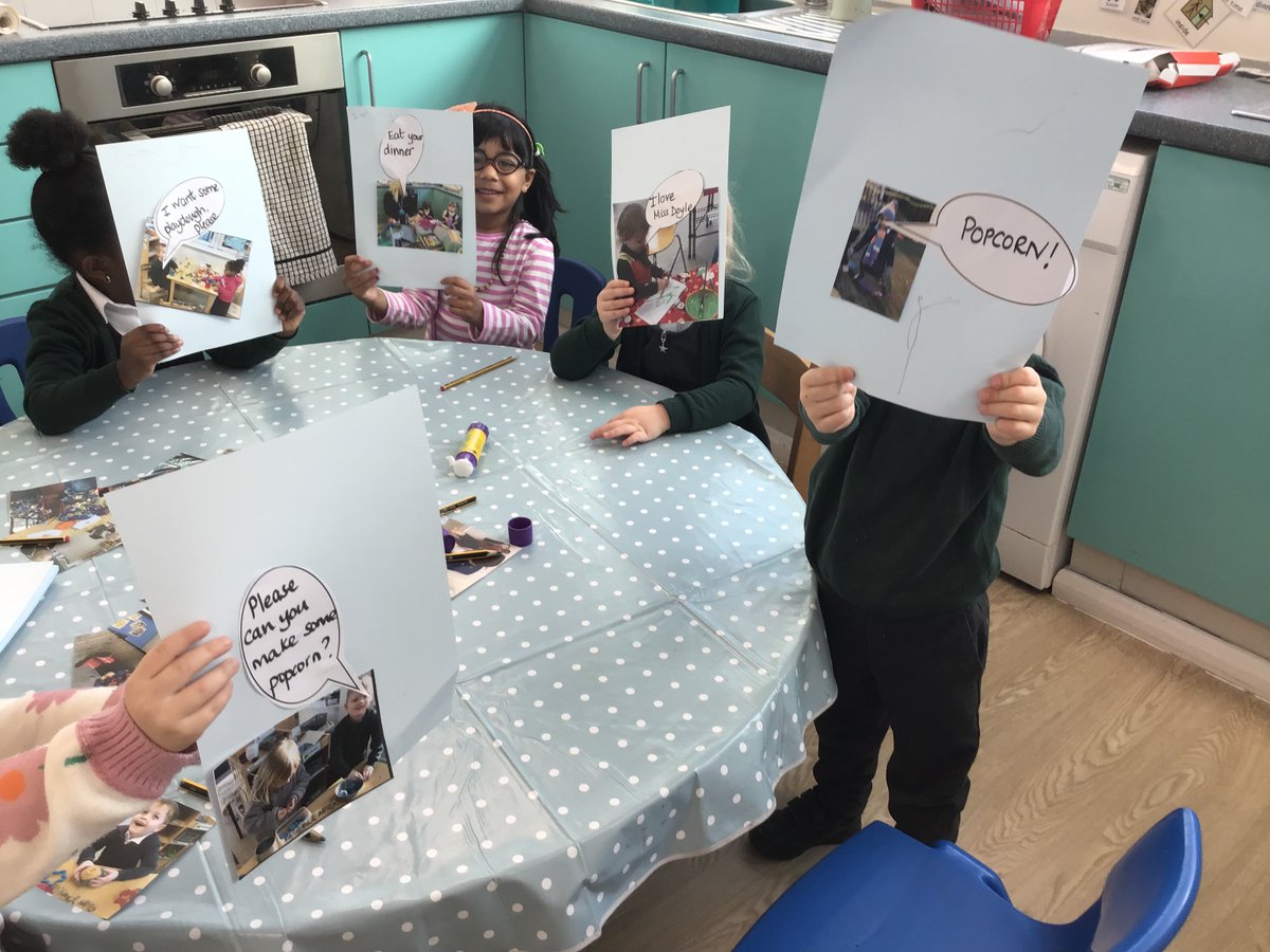 After reading several stories with speech bubbles, the children in Nursery decided to compose some of their own. Great fun thinking what friends might be saying and why. #aimhigh @BrackensdaleS