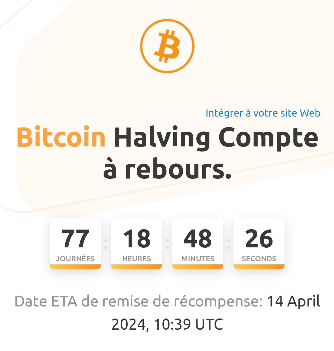 📅 Le prochain halving #Bitcoin est prévu dans moins de 78 jours. Ce Halving  verra la récompense de bloc pour les mineurs sur le réseau passer de 6,25 à  3,125 $BTC. Le