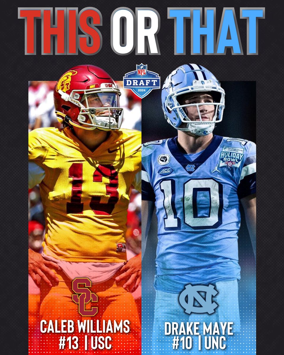 FantasyFBALLDME's tweet photo. This or That 🚨

There’s already been a lot of talk about who is getting taken #1 Overall in the 2024 Draft. But if you were the GM sitting there with the 1st Overall Pick, who are you taking and why?

#nfl #NFL #NFLDraft #NFLTwitter #cfbplayoff #cfbplayoffs #nfldraft2024 https://t.co/AcnGxrFWHf