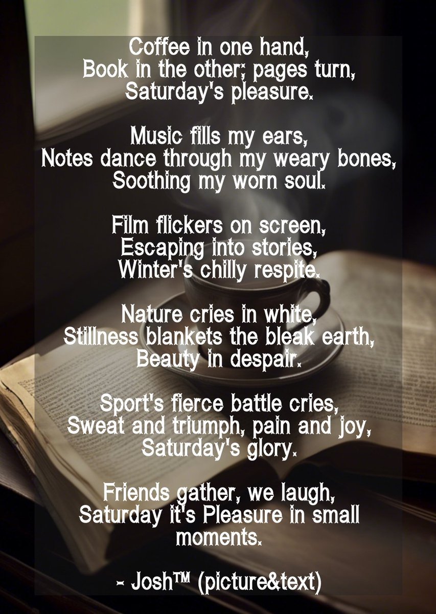 JoshNovak's tweet photo. ▫️embracing the WEEKEND'S simple joys.. ☕ 🤎 📖🎧🎞️🏃‍♂️🎵🌱🎾💤🚵🗻♾️
#CoffeeAndBooks
#SaturdayPleasures
#MusicHeals
#SoothingSounds
#FilmEscape
#WinterRespite
#SmallMomentsOfJoy
#FriendshipAndLaughter

(note: if someone has a problem reading the text in the image - press ALT and ull see only the classic text :)