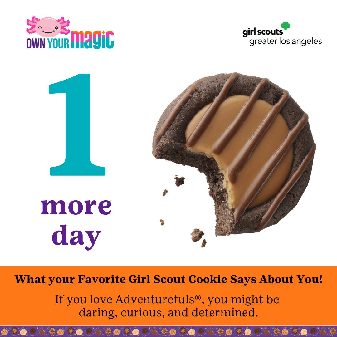 Tomorrow's the big day! Adventurefuls, the indulgent brownie-inspired cookie with caramel-flavored crème, will soon be yours. Are you ready for the adventure? #Adventurefuls #GSGLA #GirlScoutCookies girlscoutsla.org/en/cookies.html