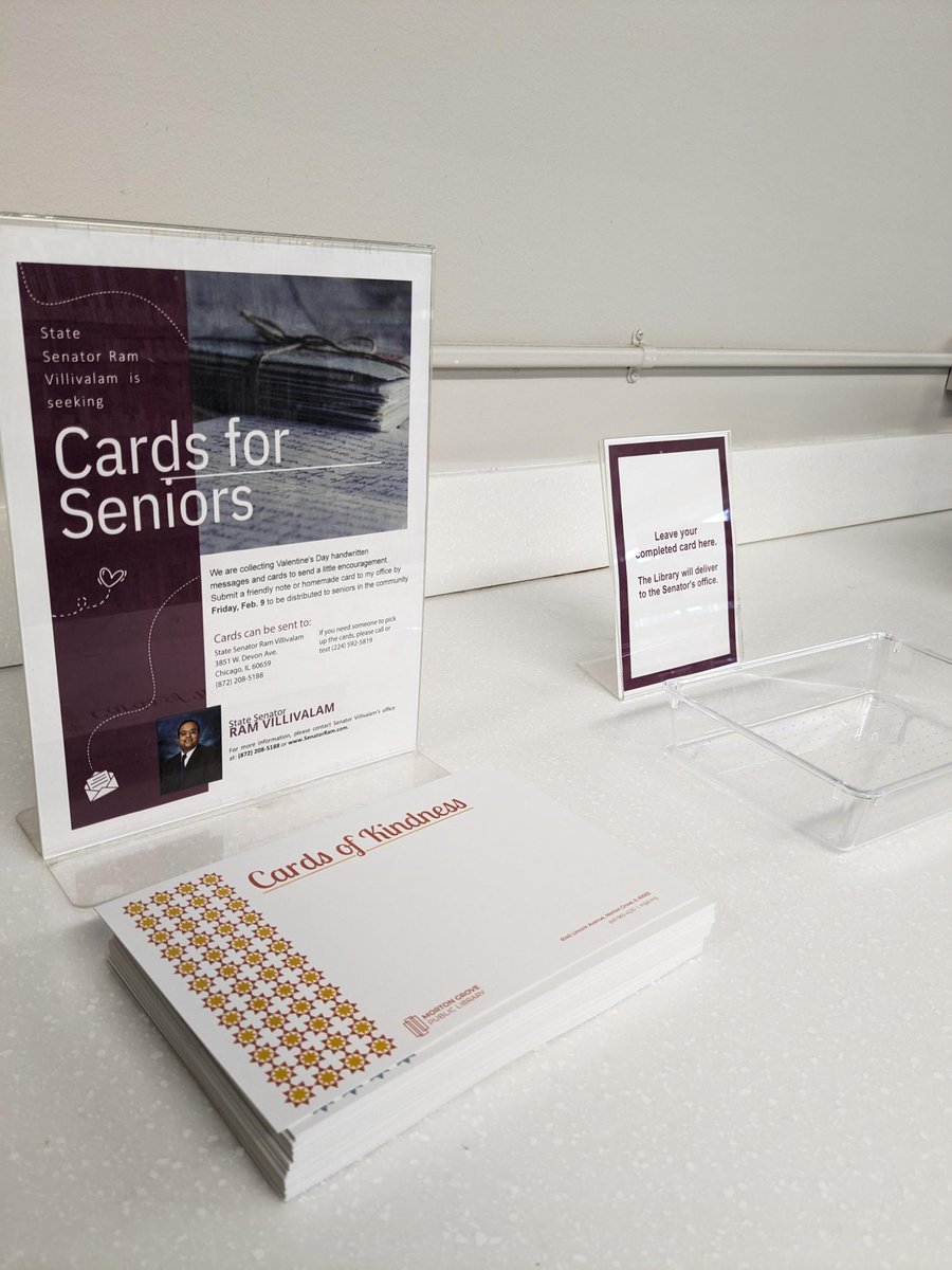 We're collecting handwritten messages and cards for State Senator Ram Villivalam to distribute to seniors &amp; spread the kindness! You can find the cardmaking station on the first floor at the counter by the DVDs 😄