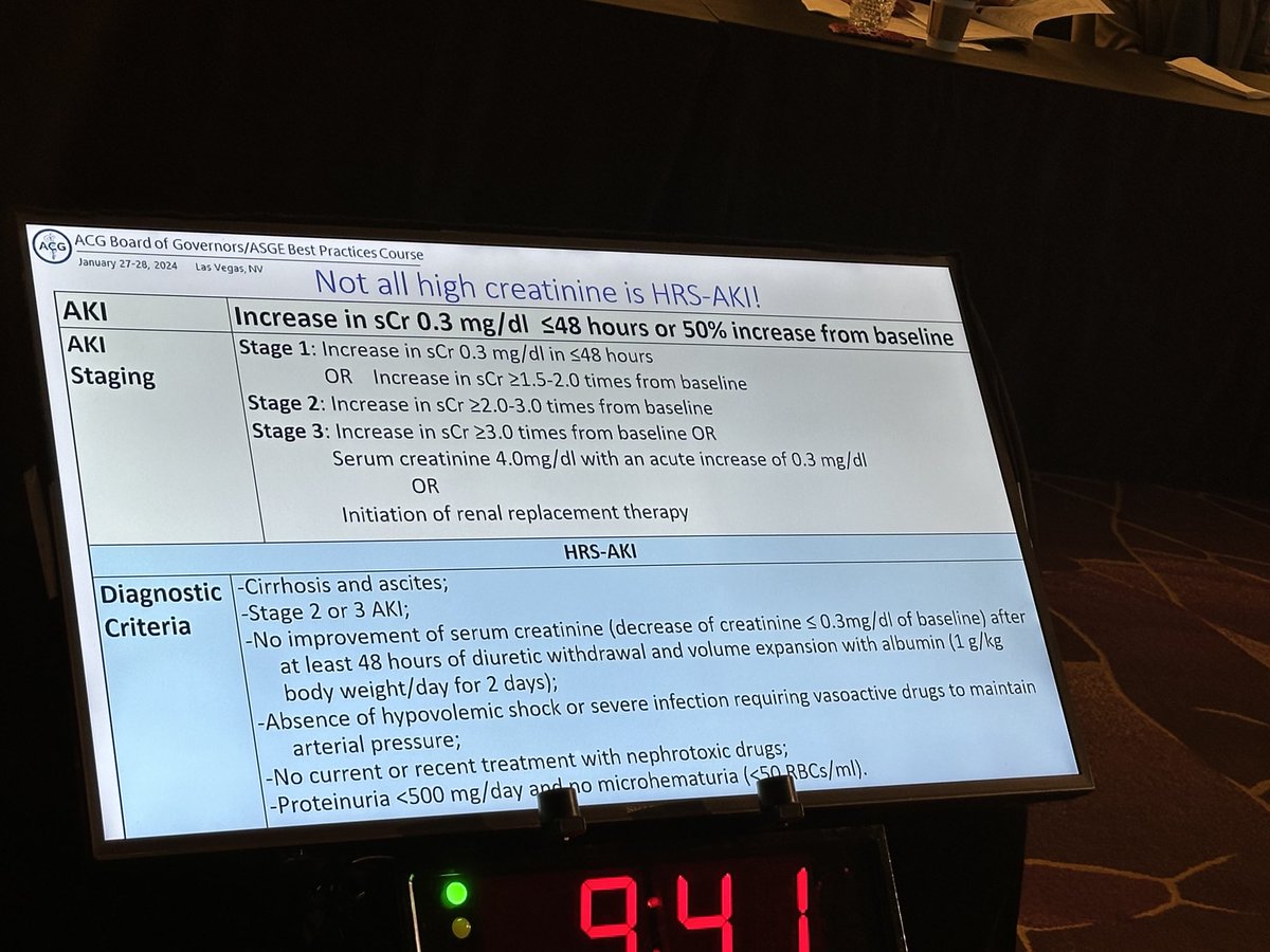 PaulYKwo's tweet image. Not all high creatinine is HRS AKI! With AKI in cirrhosis volume expand and withdraw diuretics. Address shock and infection @JasmohanBajaj
@AmCollegeGastro at ACG BOG course in Las Vegas