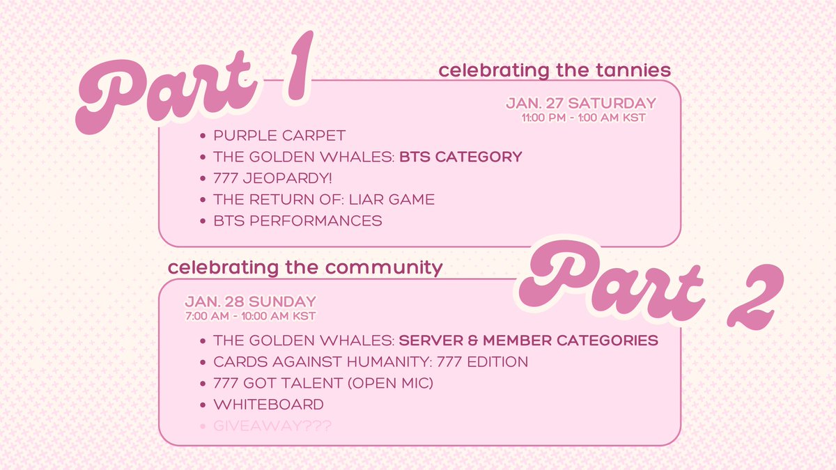 777twts's tweet photo. Here is the schedule:
🍾Part 1 on January 27th at 11PM KST
🥂Part 2 on January 28th at 7AM KST https://t.co/qEOuC6EaNL